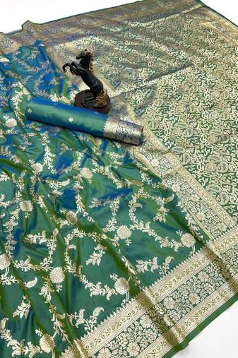 Light green banarasi silk saree with zari embossed jal design & rich pallu
