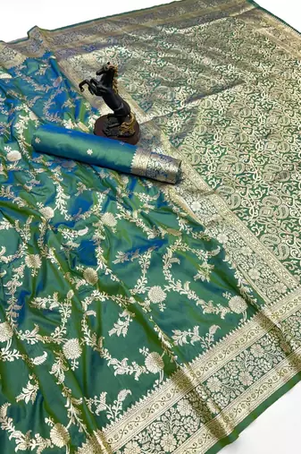 Light green banarasi silk saree with zari embossed jal design & rich pallu