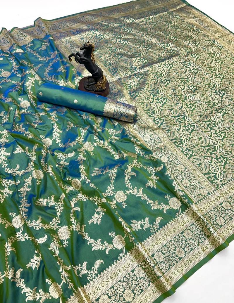 Light green banarasi silk saree with zari embossed jal design & rich pallu