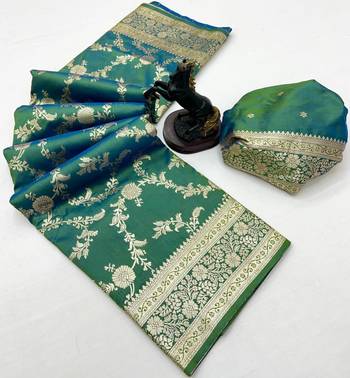 Light green banarasi silk saree with zari embossed jal design & rich pallu 2