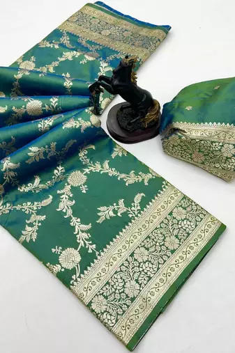 Light green banarasi silk saree with zari embossed jal design & rich pallu