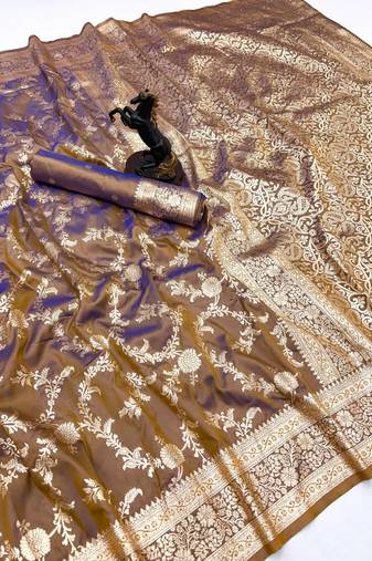 Brown banarasi silk saree with zari embossed jal design & rich pallu