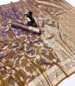 Brown banarasi silk saree with zari embossed jal design & rich pallu
