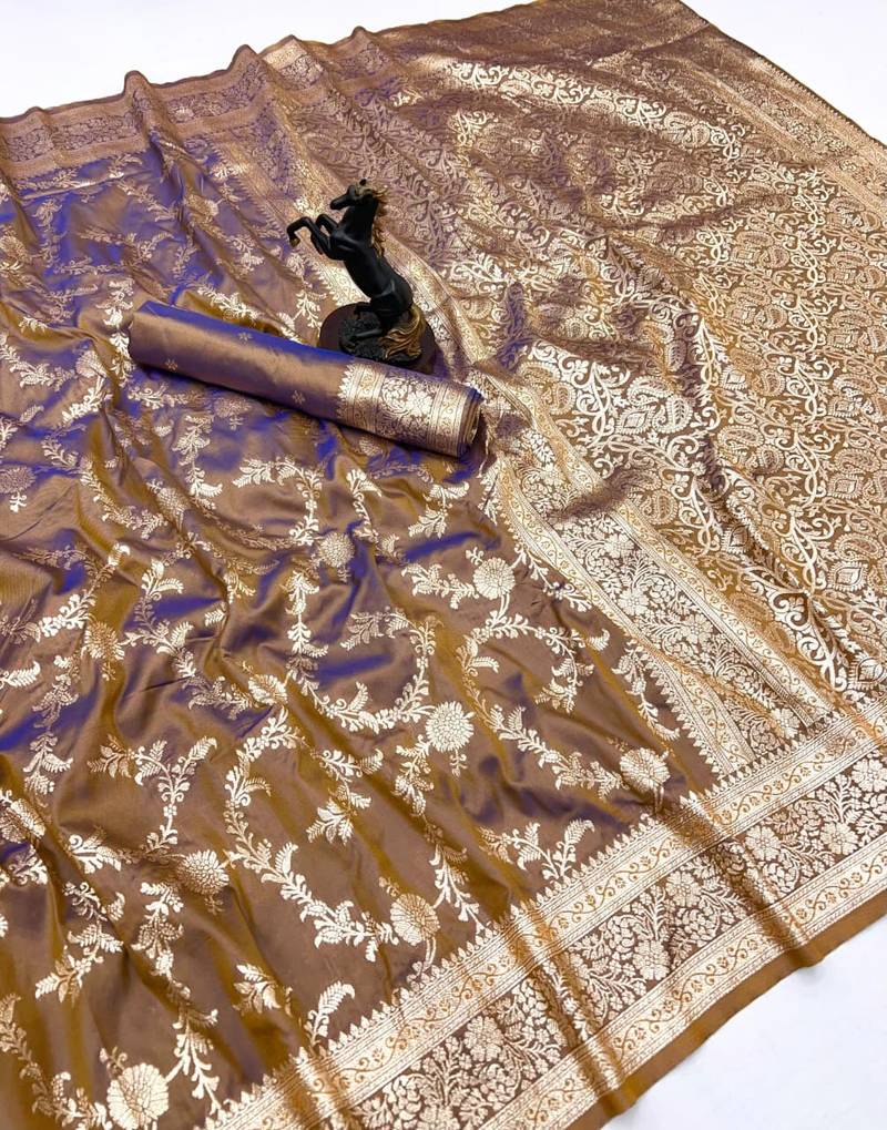 Brown banarasi silk saree with zari embossed jal design & rich pallu