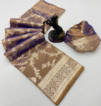 Brown banarasi silk saree with zari embossed jal design & rich pallu 2