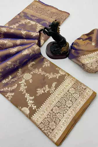Brown banarasi silk saree with zari embossed jal design & rich pallu