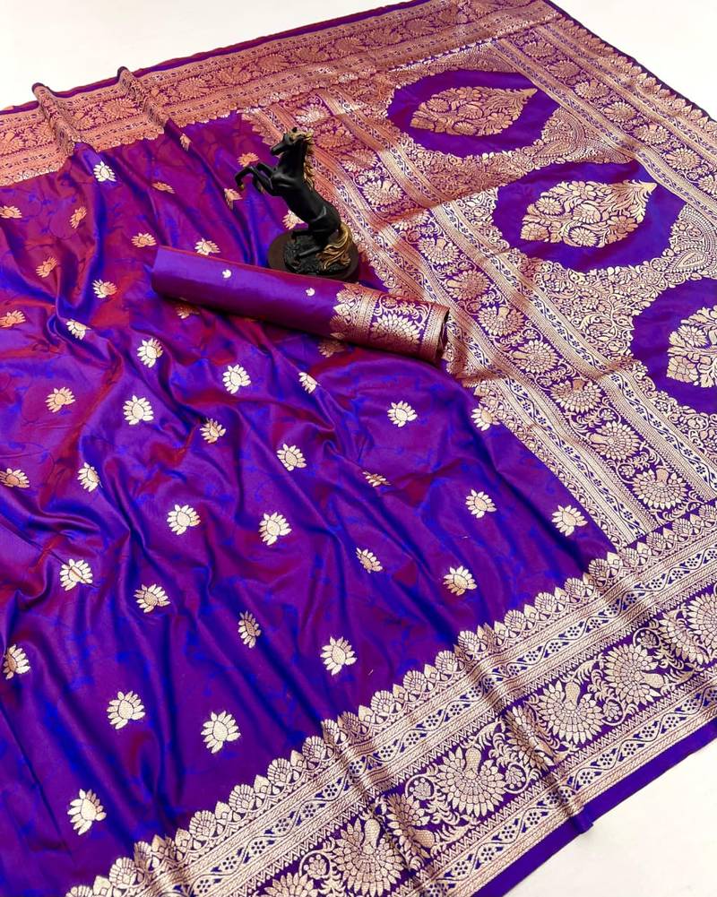 Magenta banarasi silk saree with zari embossed jal design & rich pallu