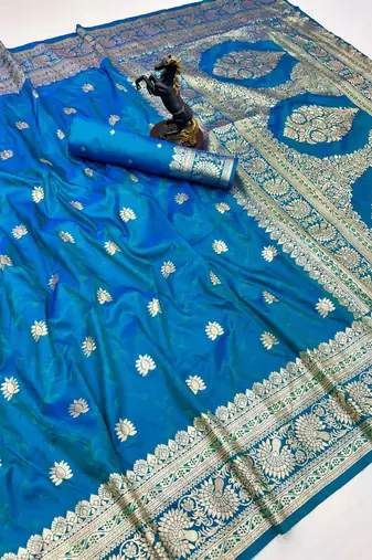 Sky blue banarasi silk saree with zari embossed jal design & rich pallu