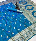 Sky blue banarasi silk saree with zari embossed jal design & rich pallu