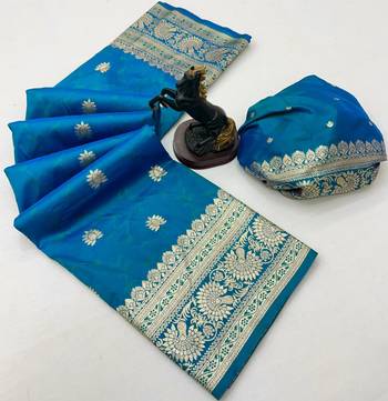 Sky blue banarasi silk saree with zari embossed jal design & rich pallu 2