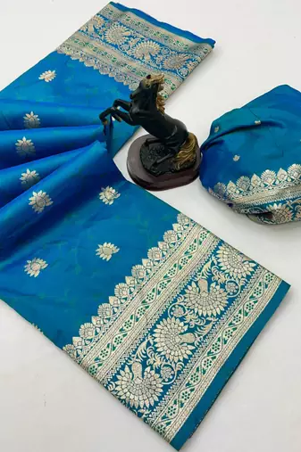 Sky blue banarasi silk saree with zari embossed jal design & rich pallu