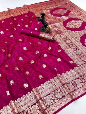 Dark pink banarasi silk saree with zari embossed jal design & rich pallu 1