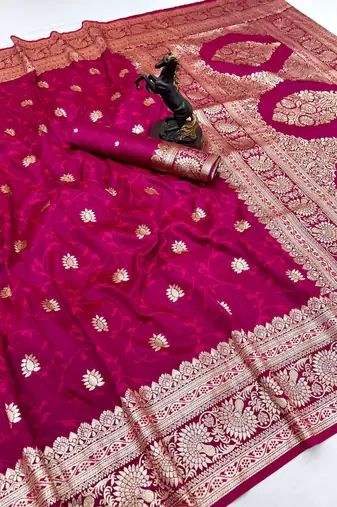 Dark pink banarasi silk saree with zari embossed jal design & rich pallu