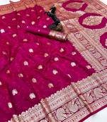 Dark pink banarasi silk saree with zari embossed jal design & rich pallu