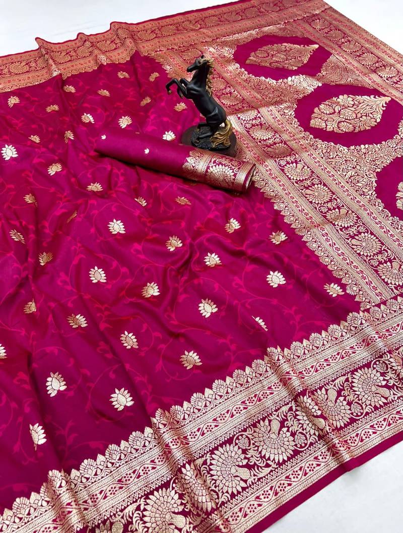 Dark pink banarasi silk saree with zari embossed jal design & rich pallu