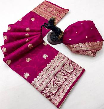 Dark pink banarasi silk saree with zari embossed jal design & rich pallu 2