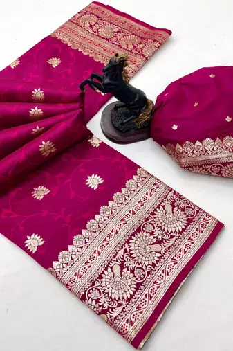 Dark pink banarasi silk saree with zari embossed jal design & rich pallu