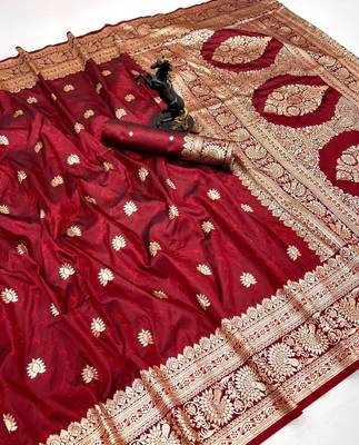 Red banarasi silk saree with zari embossed jal design & rich pallu 1