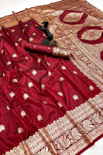 Red banarasi silk saree with zari embossed jal design & rich pallu