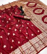 Red banarasi silk saree with zari embossed jal design & rich pallu