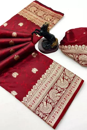 Red banarasi silk saree with zari embossed jal design & rich pallu