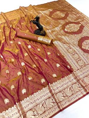 Brown banarasi silk saree with zari embossed jal design & rich pallu 1