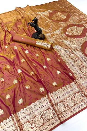 Brown banarasi silk saree with zari embossed jal design & rich pallu