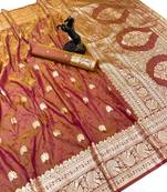 Brown banarasi silk saree with zari embossed jal design & rich pallu