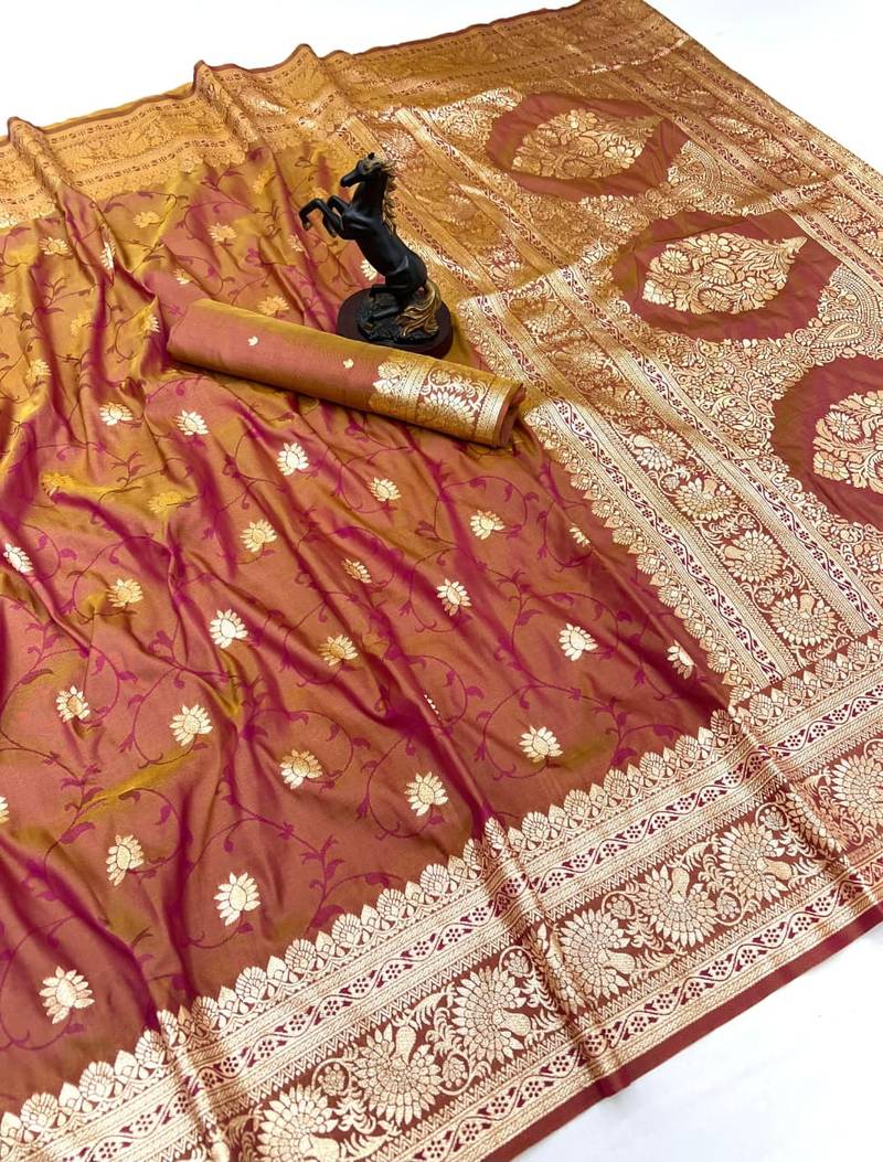 Brown banarasi silk saree with zari embossed jal design & rich pallu
