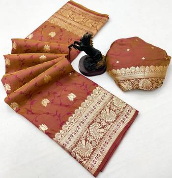 Brown banarasi silk saree with zari embossed jal design & rich pallu 2