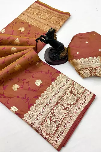Brown banarasi silk saree with zari embossed jal design & rich pallu