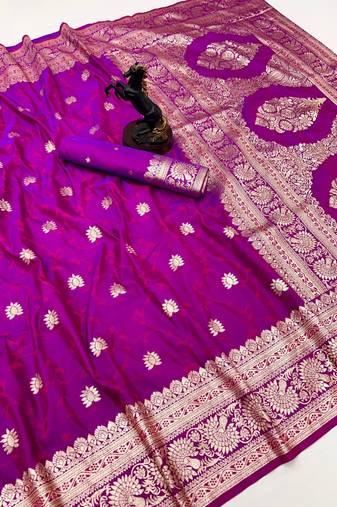 Pink banarasi silk saree with zari embossed jal design & rich pallu