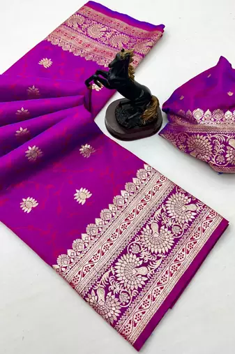 Pink banarasi silk saree with zari embossed jal design & rich pallu