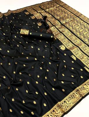 Black soft silk saree with zari butti design & rich woven pallu 1