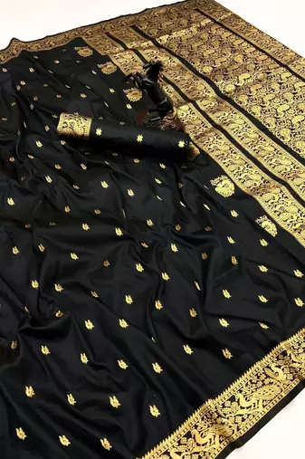 Black soft silk saree with zari butti design & rich woven pallu
