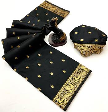 Black soft silk saree with zari butti design & rich woven pallu 2