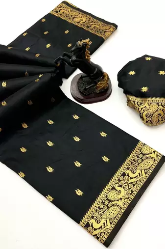 Black soft silk saree with zari butti design & rich woven pallu