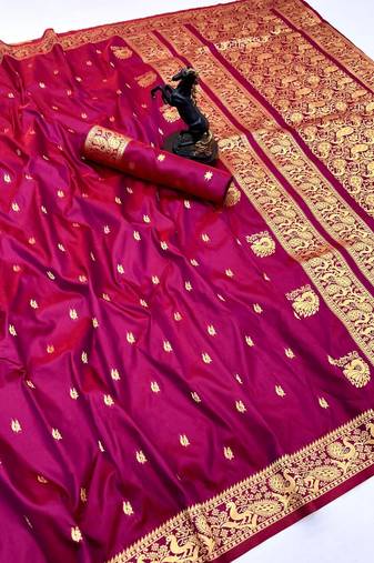 Pink soft silk saree with zari butti design & rich woven pallu