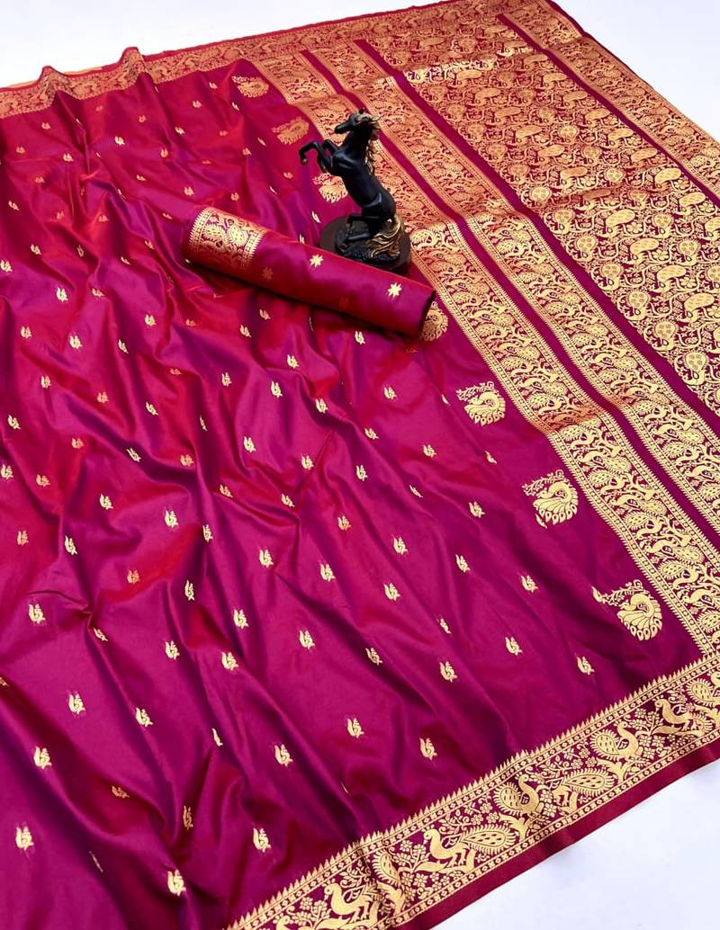 Pink soft silk saree with zari butti design & rich woven pallu