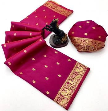Pink soft silk saree with zari butti design & rich woven pallu 2