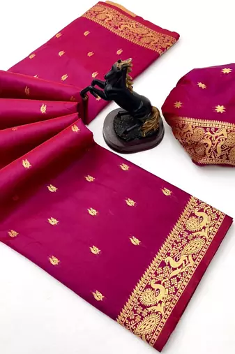 Pink soft silk saree with zari butti design & rich woven pallu