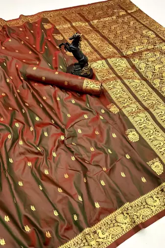 Rust soft silk saree with zari butti design & rich woven pallu