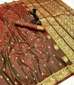 Rust soft silk saree with zari butti design & rich woven pallu
