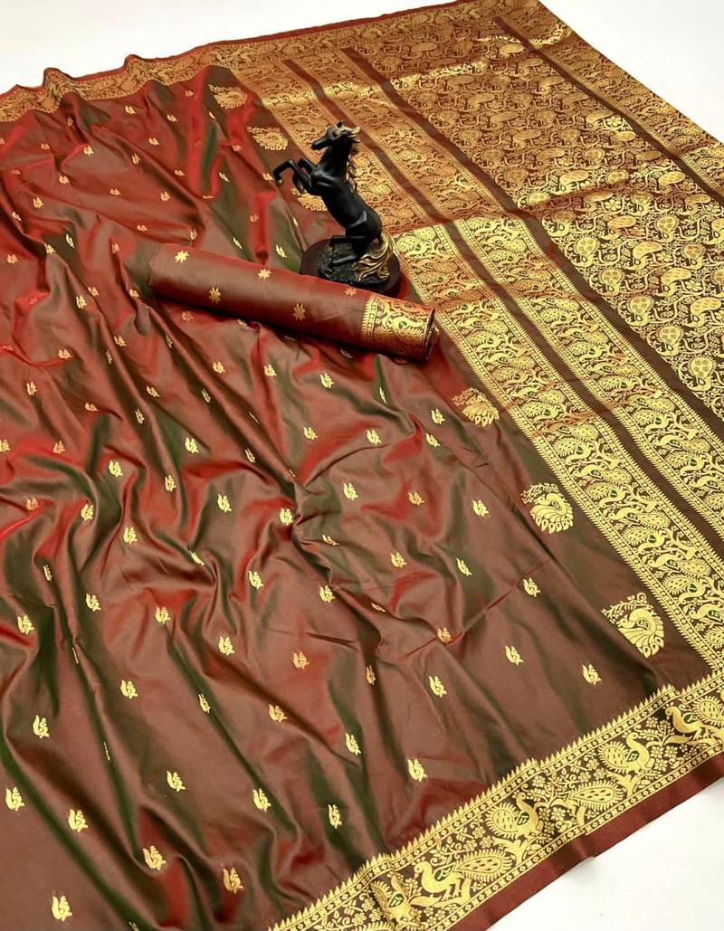 Rust soft silk saree with zari butti design & rich woven pallu