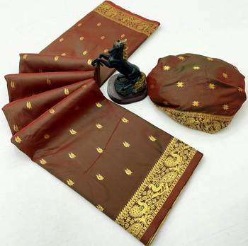 Rust soft silk saree with zari butti design & rich woven pallu 2