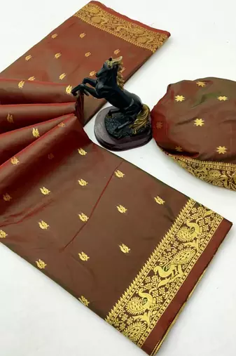 Rust soft silk saree with zari butti design & rich woven pallu
