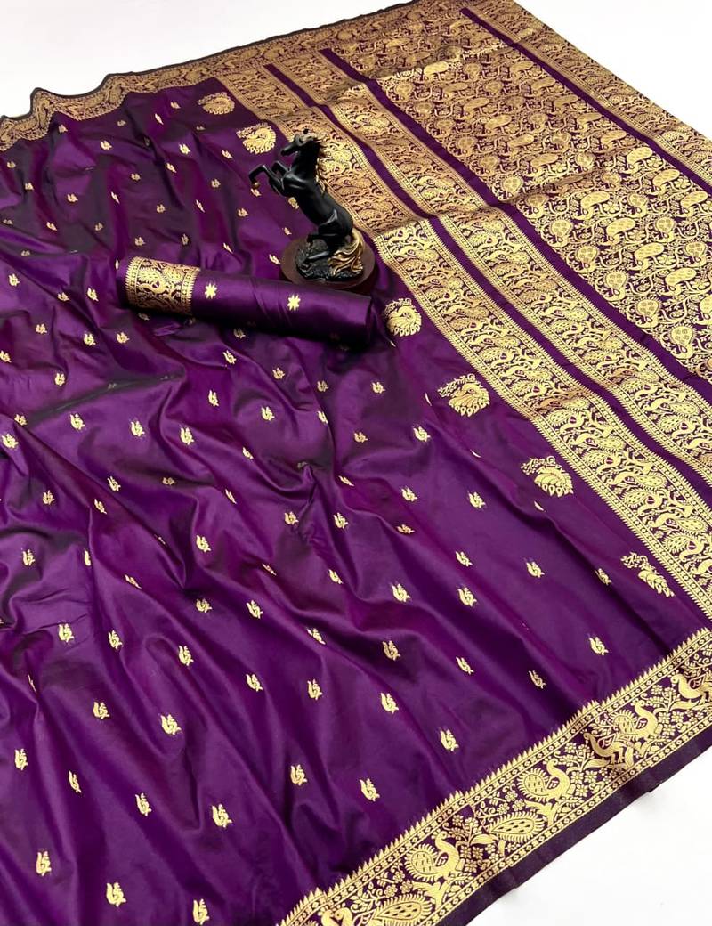 Wine soft silk saree with zari butti design & rich woven pallu