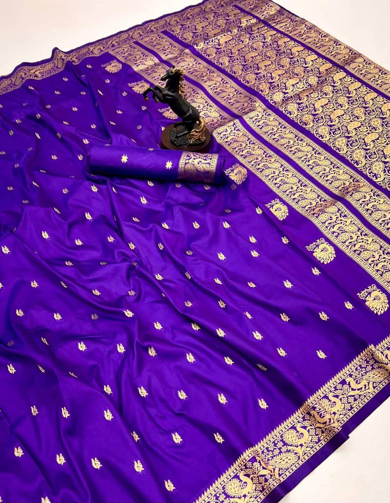 Purple soft silk saree with zari butti design & rich woven pallu