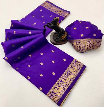 Purple soft silk saree with zari butti design & rich woven pallu 2