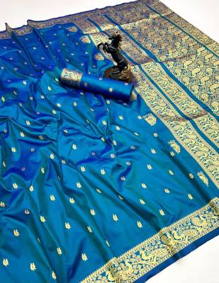 Sky blue soft silk saree with zari butti design & rich woven pallu 1